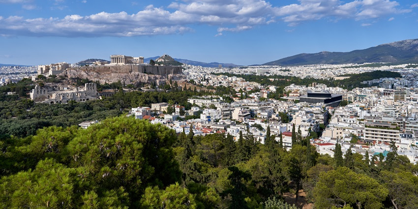 A picture of The Acropolis and Mount Hymettus from Philopappos Hill in Greece
