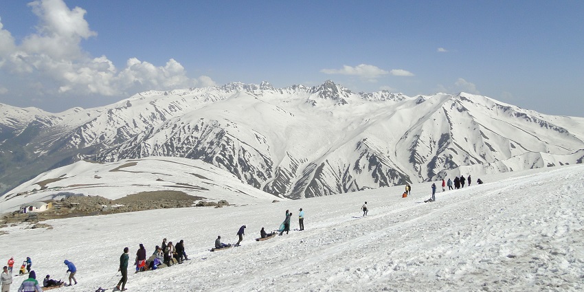 Snow-capped mountains in Gulmarg with pine trees in the foreground, under a blue sky.
