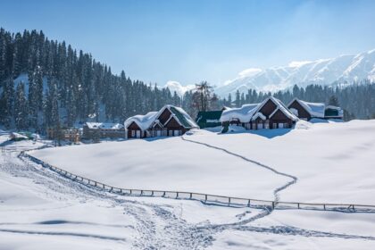 The backdrop of snow-capped mountains and lush green peaks in the beautiful Gulmarg