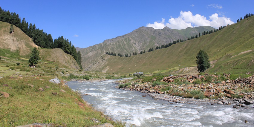 A picture of a river flowing through a lush green valley, with mountains in the background