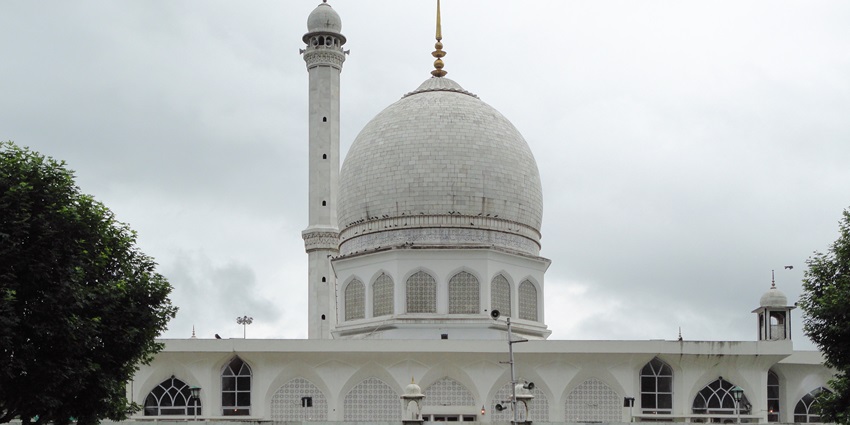 View of the Hazratbal Mosque, a historical Muslim shrine in Srinagar made of white marble