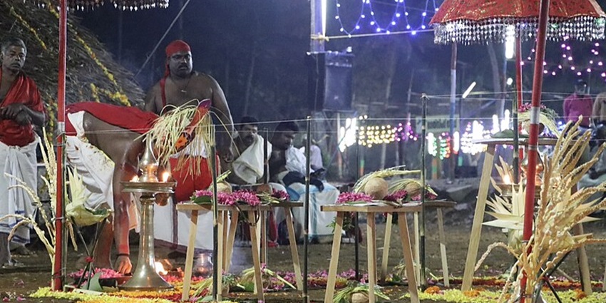 Performing Uchabali in Devi Vellayani Temple