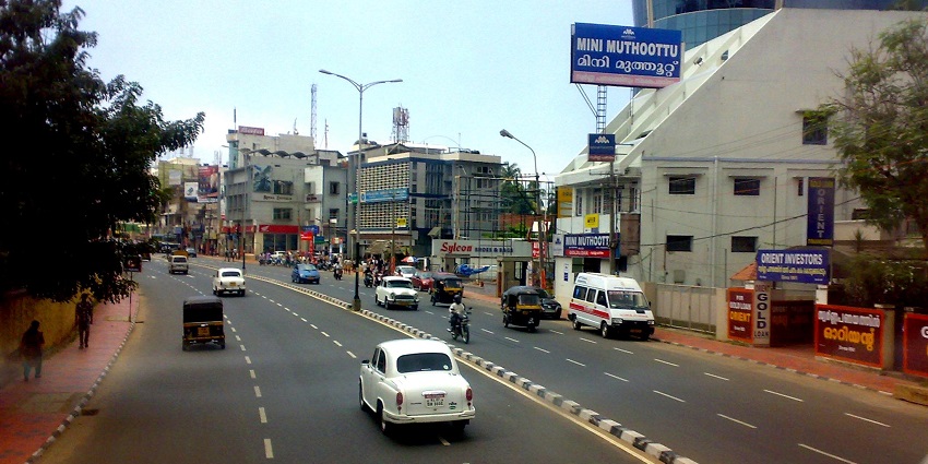 The view of the busy MG Road of Trivandrum City, located in the state of Kerala, India.