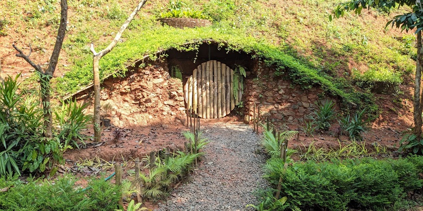 A lush green view of a short stone building with a wooden gate in front with a grass roof.