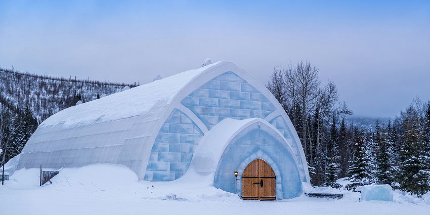 The view of a white and grey igloo stays under the blue sky in Sethan Valley, India.