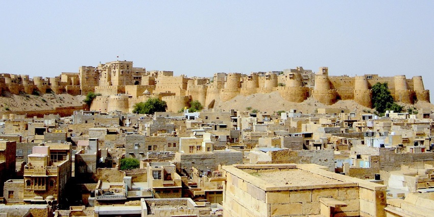 Panoramic view of Jaisalmer Fort housed in the middle of the golden sands of Thar Desert