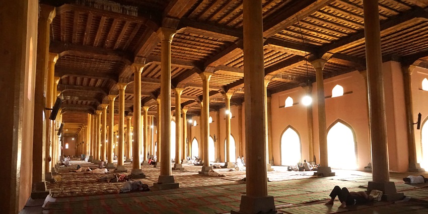 The inside view of the Jama Masjid, a wooden mosque in Srinagar, Jammu and Kashmir.