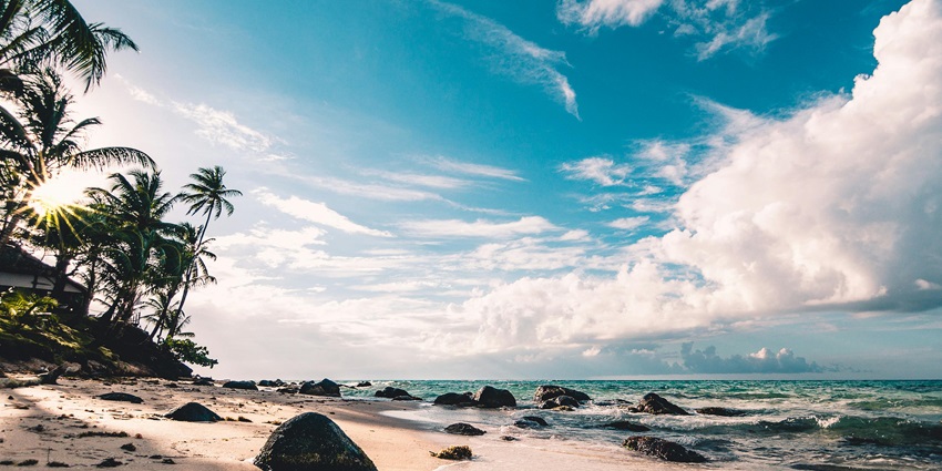 A beautiful view of seaside with rocks on the shore and lush green trees on the sides.