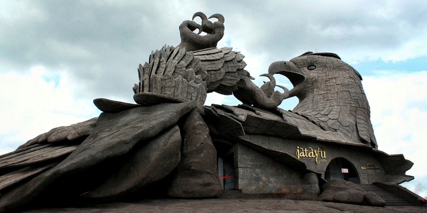 A stunning view of large sculpture of Jatayu at the famous Jatayu National Park in Kerala