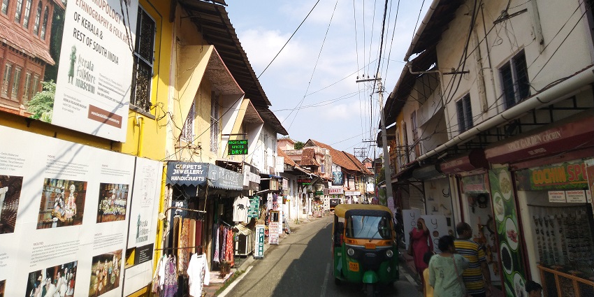 The wide angle view of scenic road of the historic Jew Town in the city of Kerala