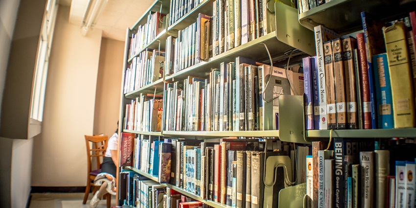An inside view of Kala Kendra featuring a library decked with books and artefacts.