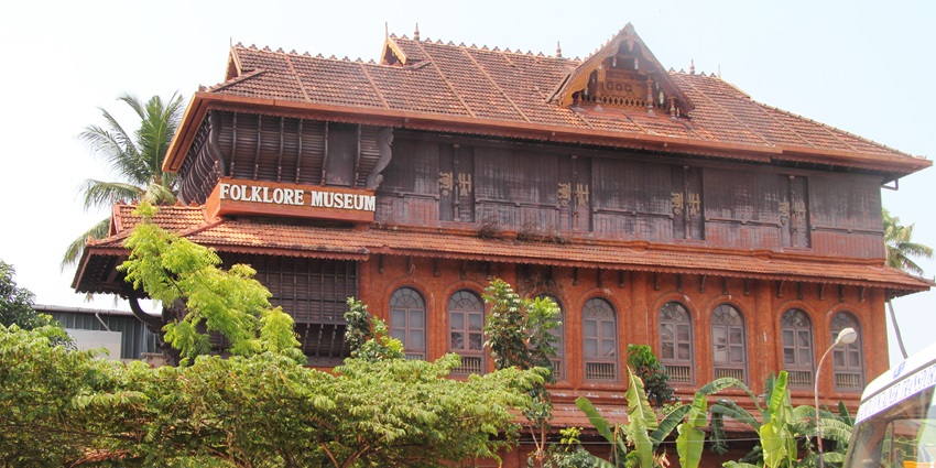 A frontal view of the stunning architecture of the Kerala Folklore Museum in Kochi
