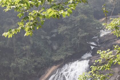 Majestic Thindillam waterfalls cascading down rocks surrounded by lush greenery in Kerala.