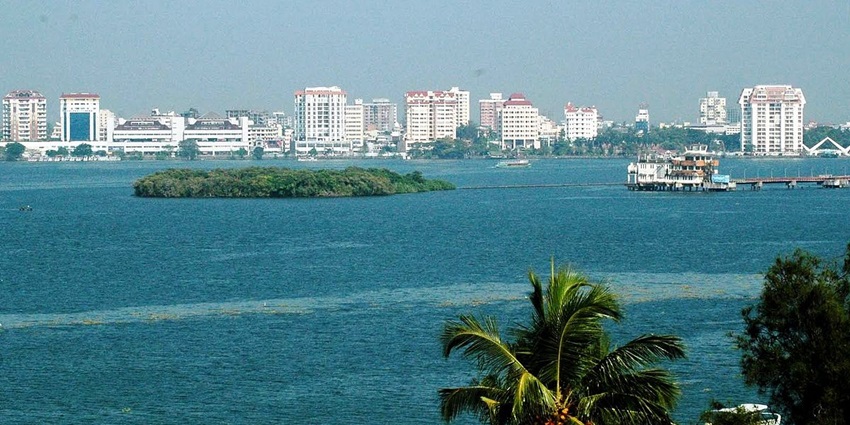 Scenic view of Kochi city from mountain and clear blue water - private islands in Kerala