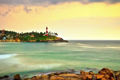 The scenic view of Kovalam Beach one of the most beautiful beaches in Kerala, India.