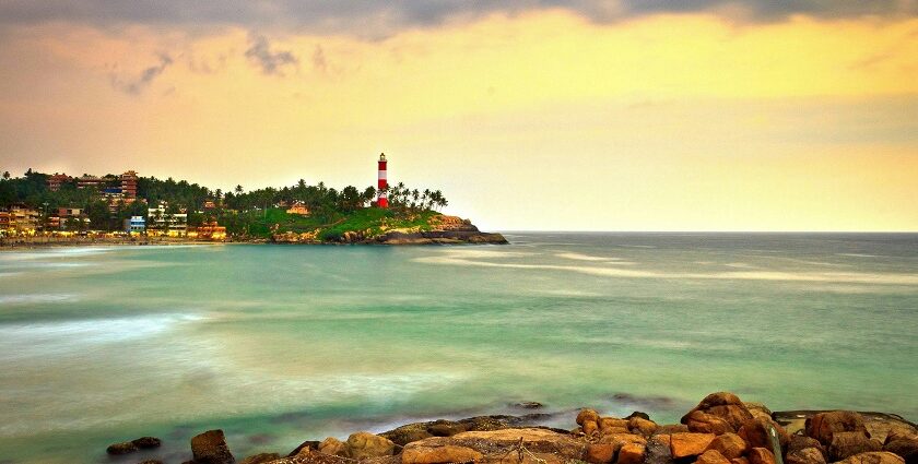 The scenic view of Kovalam Beach one of the most beautiful beaches in Kerala, India.