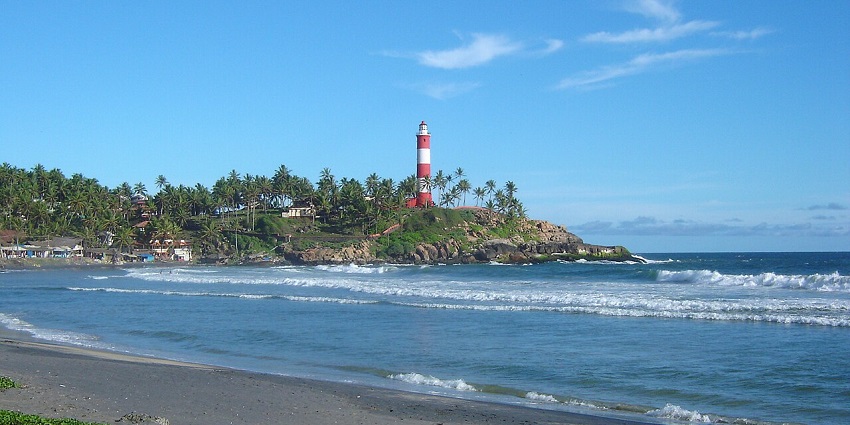 Ideal coastal view from the tower of Kovalam lighthouse looking over the Kovalam beach