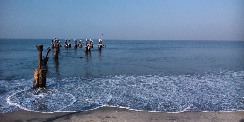 A serene view of the Kozhikode beach with golden sand shining and blue waters