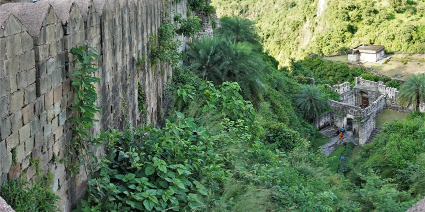 View from the entrance gate showcasing the fort walls of a Fort in Himachal Pradesh
