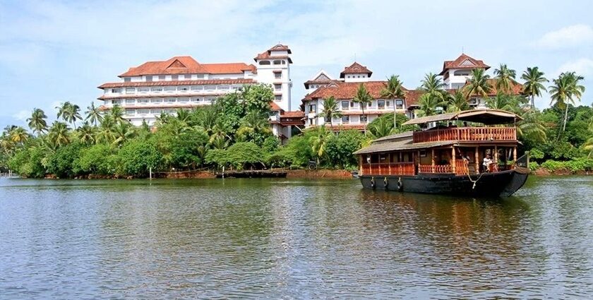 An aerial view of Ashtmudi in Kerala with azure waters all around with lush greenery.