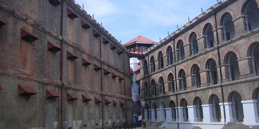 A view of the watchtower and two wings of the Cellular Jail located in Port Blair.