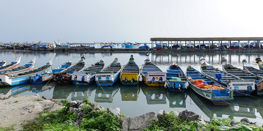 The view of fishing boats at Koyilandy Harbour, in Kozhikode district, Kerala, India.