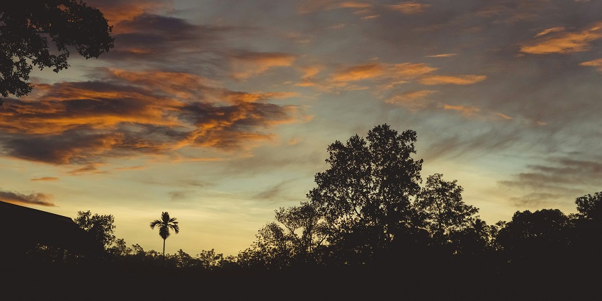 A stunning view of Kottayam in Kerala during sunset with clouds and lush green trees.