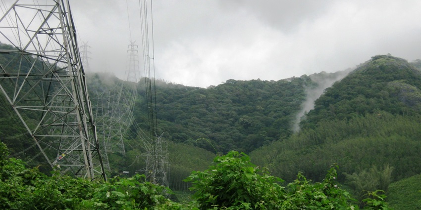 Scenic view of Shendurney Wildlife Sanctuary, lush green mountains & misty weather.