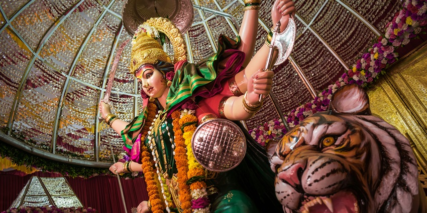 An idol of Durga Mata accompanied by a tiger, a great site for the worshippers.