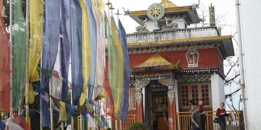 Main shrine of Pemayangtse Gompa with intricate Tibetan artwork and serene ambiance.