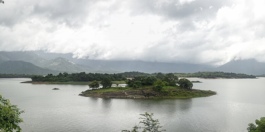 Panorama of Malampuzha Reservoir from PWD Resthouse, beautiful backdrop of Western Ghats.