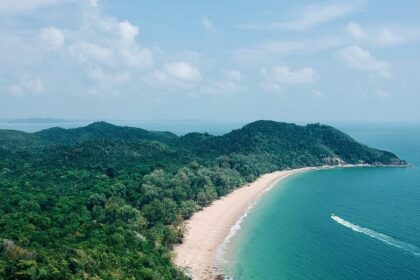 Mesmerising aerial view of a beach encircled by lush greenery during the day in Malaysia.