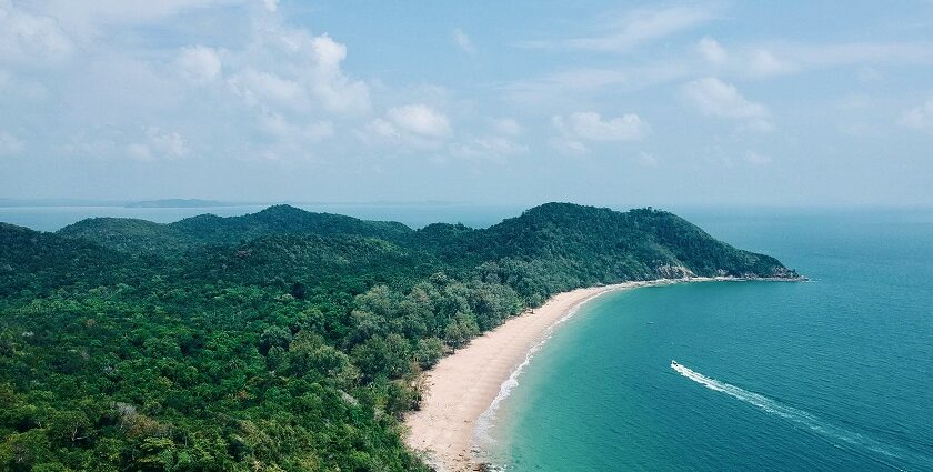 Mesmerising aerial view of a beach encircled by lush greenery during the day in Malaysia.