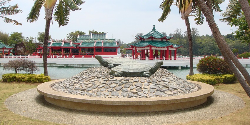 Marble tortoises on Kusu Island, symbolizing longevity, near the island’s temples.