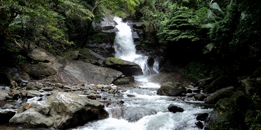 Meenvallam Waterfalls, a series of cascading falls in the lush green forests of Kerala.