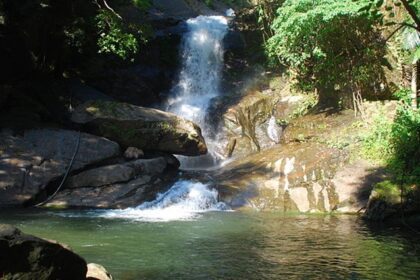 A scenic view of Meenvallam Waterfalls