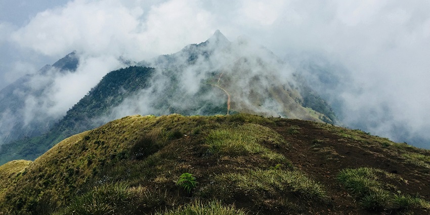 A breathtaking view of Meesapulimala under dense white clouds surrounded by greenery.