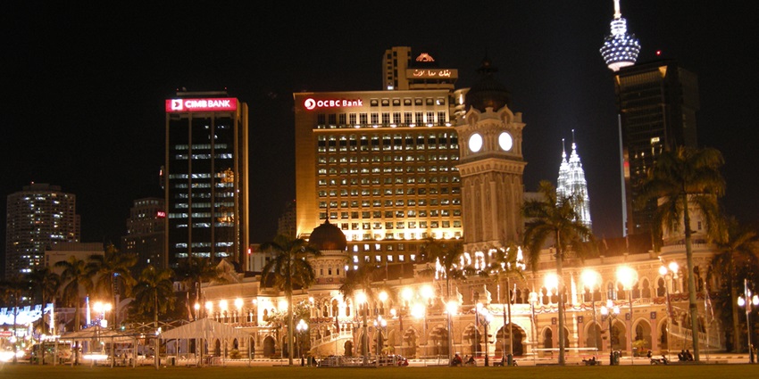 Mesmerising view of the Merdeka Square of Kuala lumpur sparking with lights at night