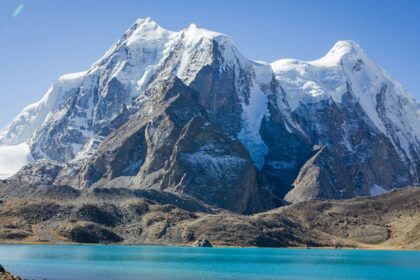 A view of the sparkling Gurudongmar Lake with snowy peaks in the background, Gangtok