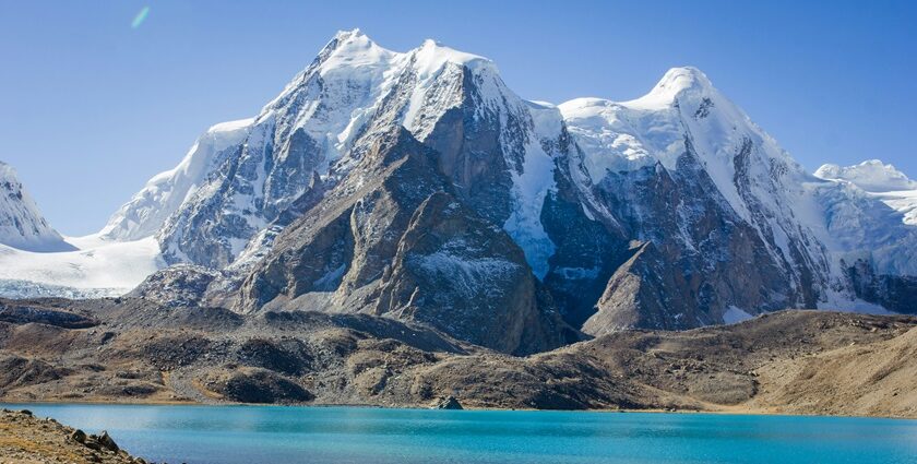 A view of the sparkling Gurudongmar Lake with snowy peaks in the background, Gangtok