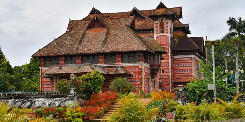 A scenic frontal view of the Napier Museum situated in Thiruvananthapuram, Kerala