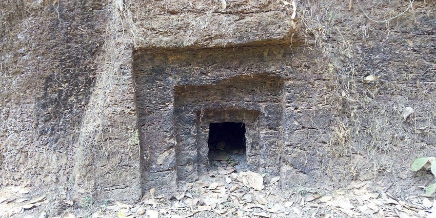 A picture of the entrance of a cave system in Bekal under a tall rocky hill, surrounded by wild plants