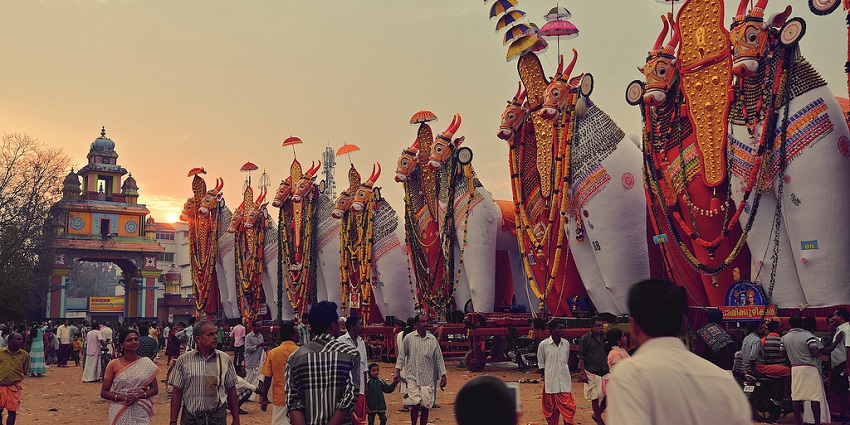 Vibrant decorations of the tall Kettu Kazha at the Oachira Parabrahma temple of Kerala