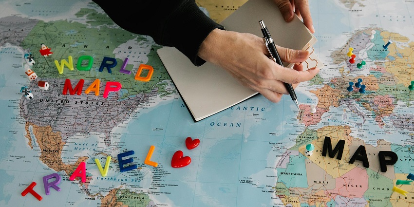A map with a lot of letters saying travel, etc. Red Skin Island Map.