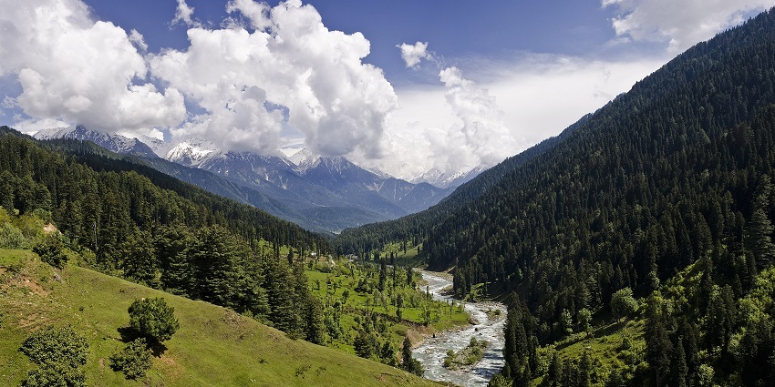 Pahalgam valley with lush greenery, a flowing river, and towering snow-capped mountains