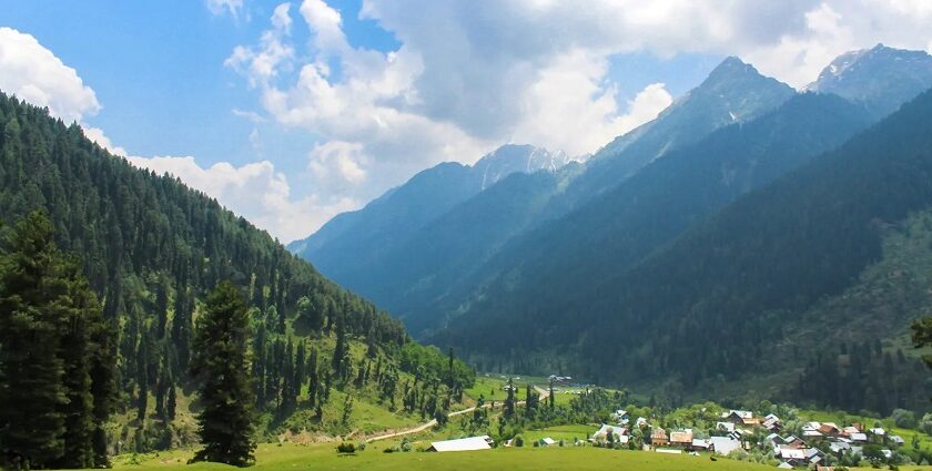 View of a village in Betaab Valley, which is a top tourist destination in Pahalgam