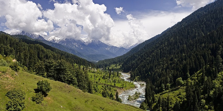 The vibrant green valley of Pahalgam with a river stream flowing between the mountains.
