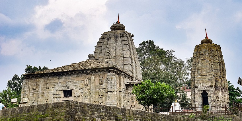 A low-angle view of Panchvaktra Temple, one of the oldest and serene Jammu temples.