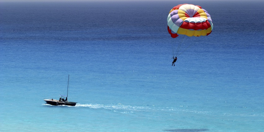 Participant floating in air while Parasailing - Water Sport in Varkala, Kerala
