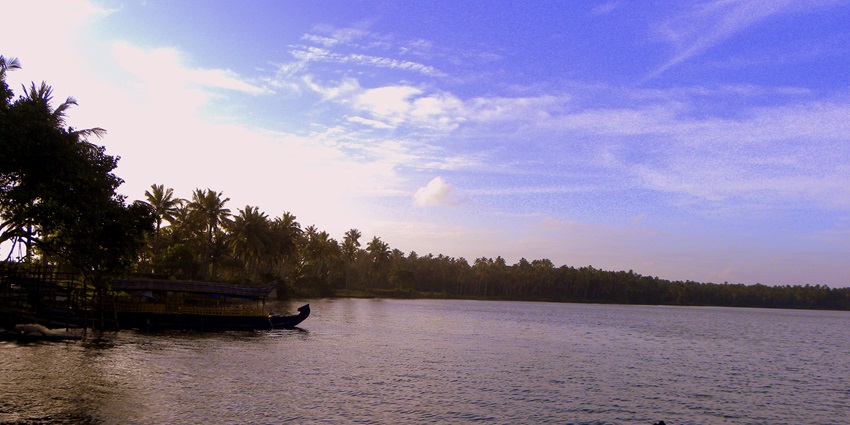 Evening view of Paravur Lake with captivating backdrop of clear blue sky and coconut trees